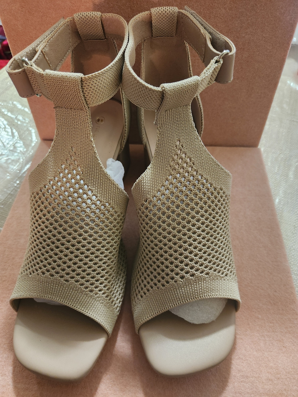 Newbella Women’s Knit Ankle-Strap Sandals in Beige